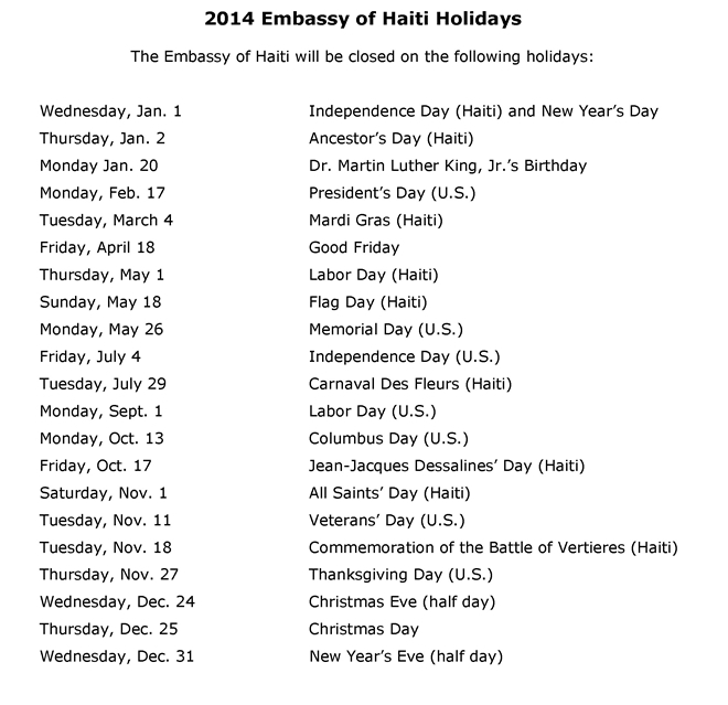 2014 Embassy Holidays